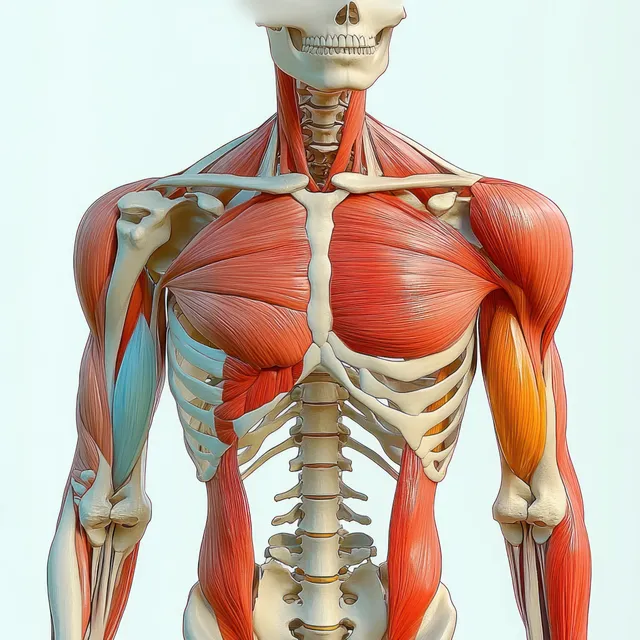 3D anatomical illustration of human skeleton and biceps brachii muscle in front view