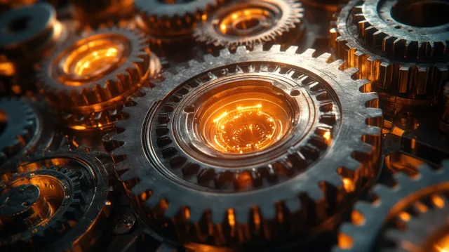 Macro view of interlocking metallic gears with glowing orange hubs in an industrial machine setting.