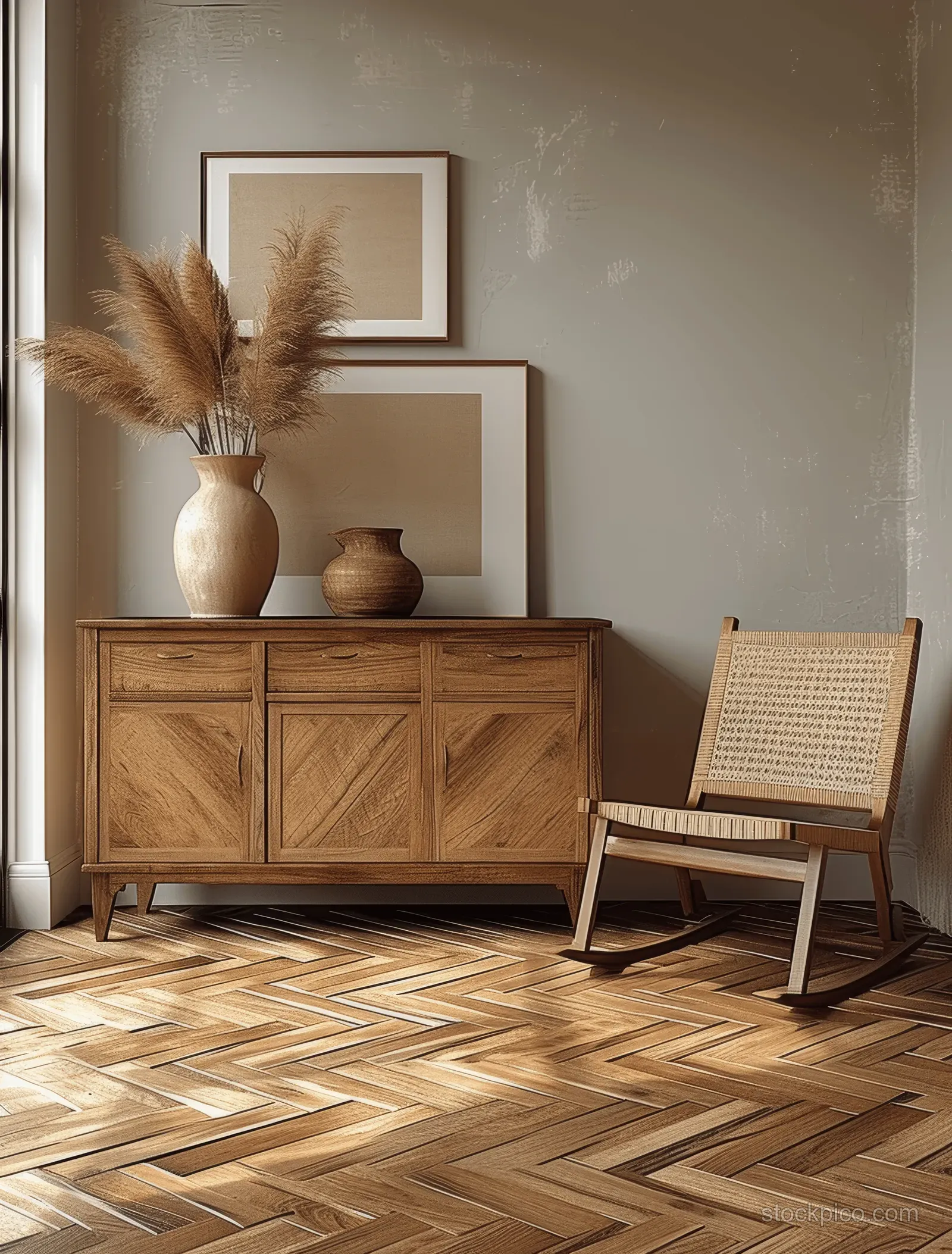 Minimal bohemian living room shows a wooden sideboard with vases and a chevron parquet floor under warm light.