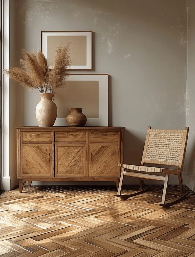 Minimal bohemian living room shows a wooden sideboard with vases and a chevron parquet floor under warm light.
