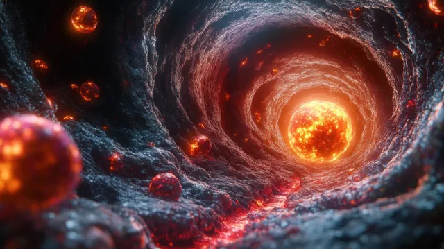 Fiery glowing orbs move through a dark tunnel with molten cracks and ember particles.