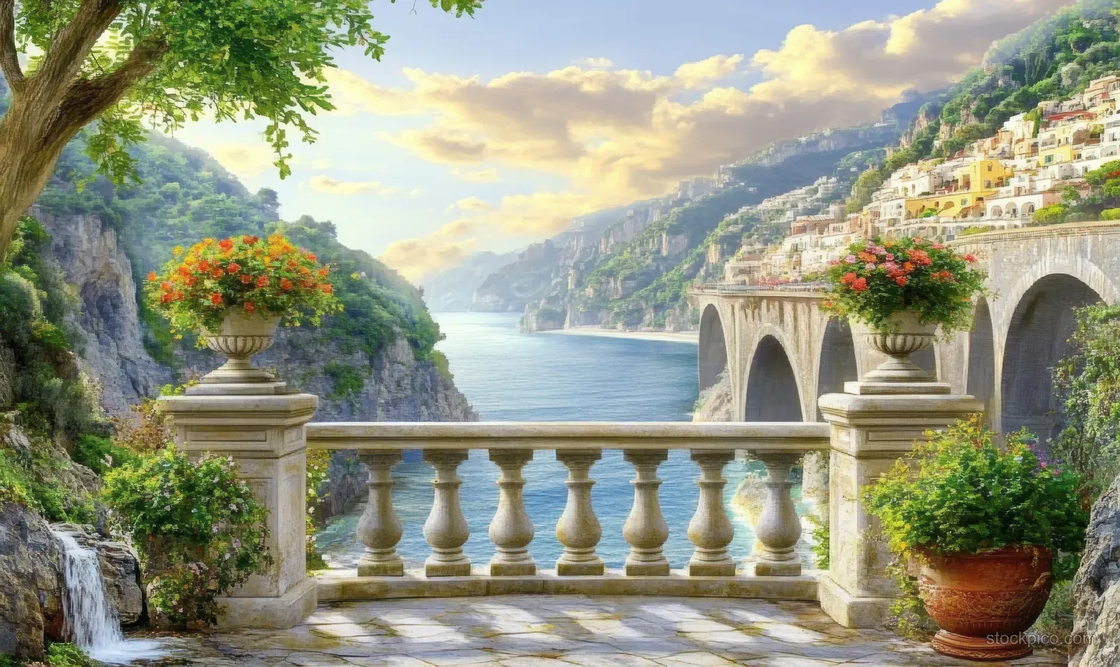 Terracotta balcony with potted flowers overlooks Positano coastline and turquoise sea under cloudy summer sky.
