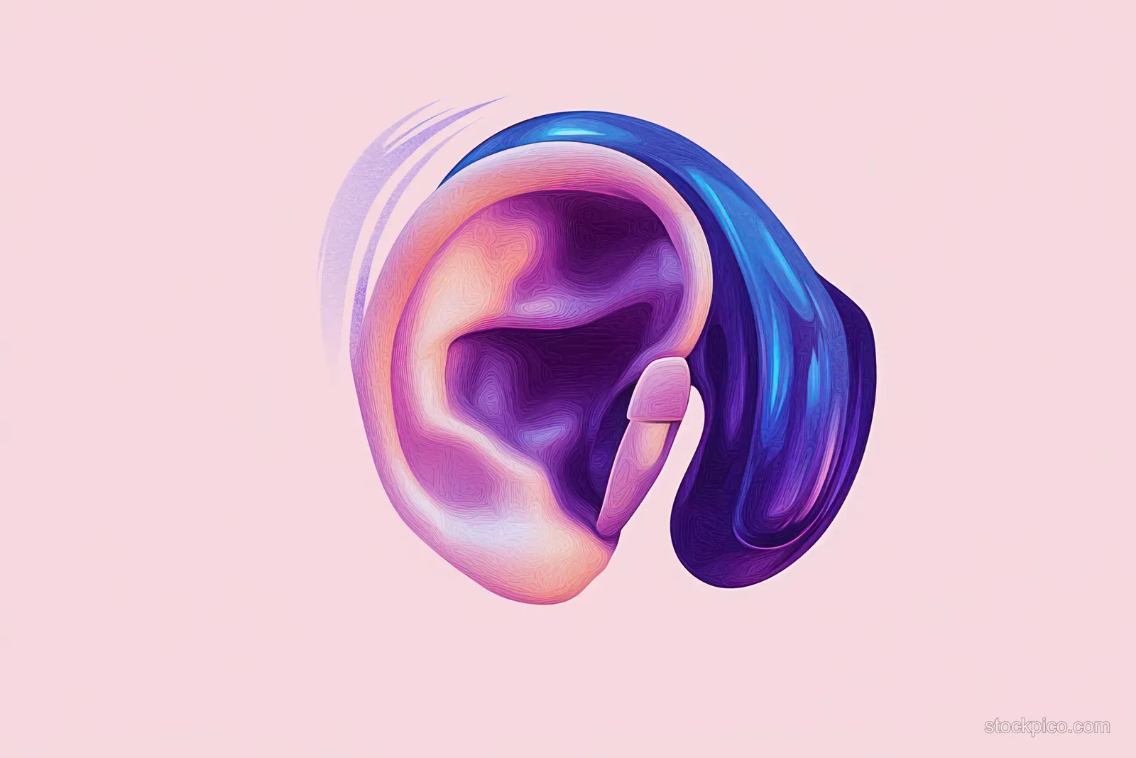 Stylized close-up of a human ear with flowing blue and purple shapes on a light pink background.
