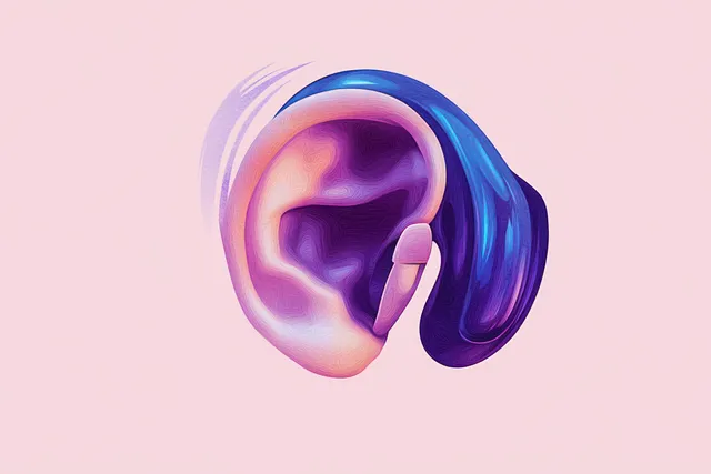 Abstract close-up of a human ear with flowing blue and purple shapes on pink