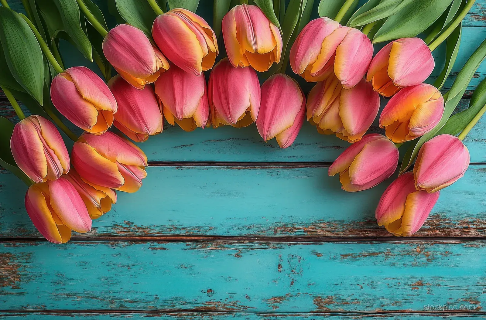 Pink and orange tulips arranged in a semicircle on rustic turquoise wooden planks with green leaves at the top.