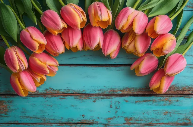 Pink and orange tulips arranged in a semicircle on rustic turquoise wooden planks with green leaves at the top.