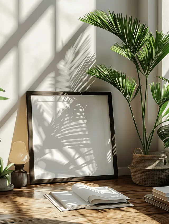 Black A4 picture frame on a table with books and green palm leaves, showing sharp sunlight shadows on a white wall.