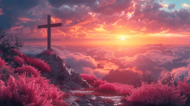 Holy Cross at dawn over misty mountains with glowing sunrise and pink clouds