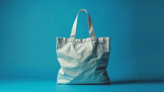 A blank white canvas tote bag is centered on a light blue background with soft bokeh blur.