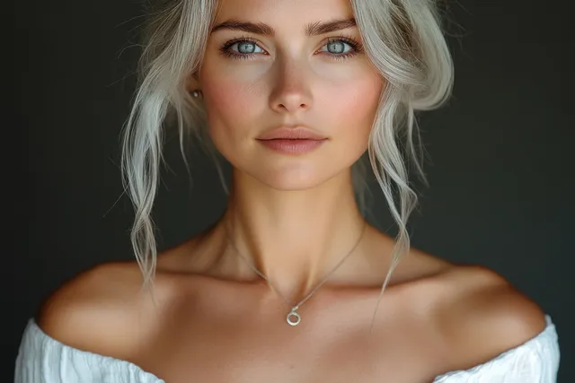Serene silver-haired woman in off-shoulder top with soft lighting against dark background