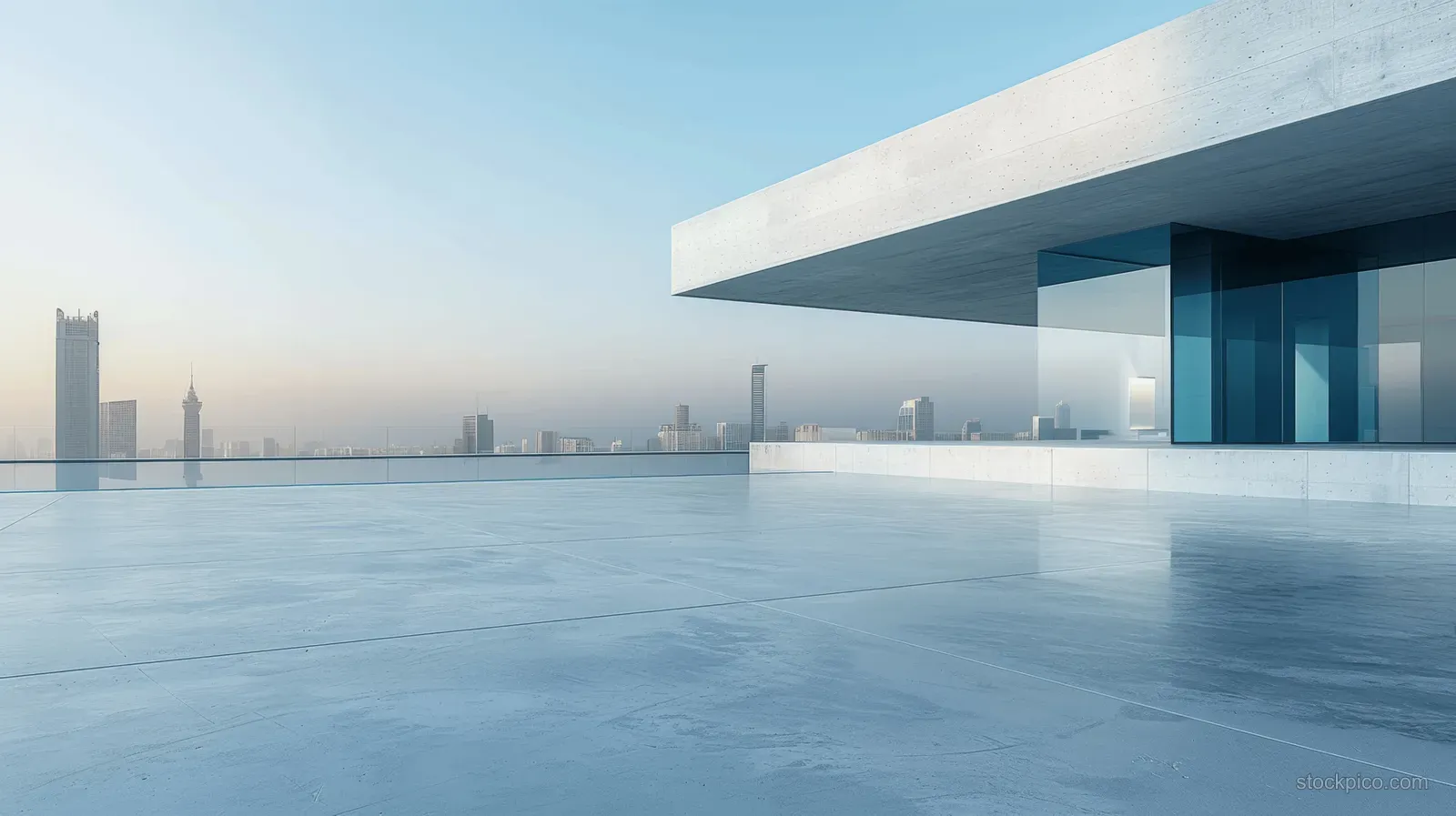 Smooth concrete terrace floor in front of a glass facade with a distant city skyline beyond.