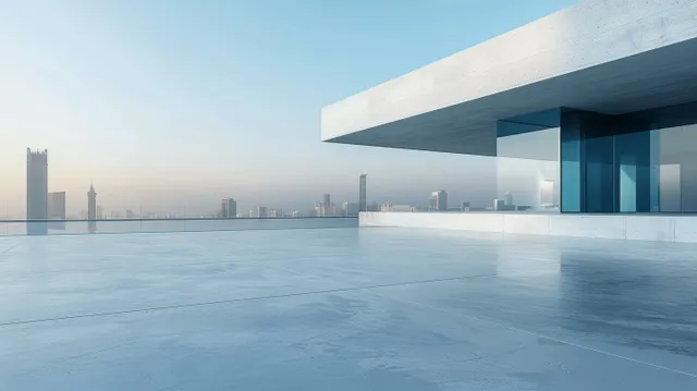 Concrete terrace floor and glass facade overlooking a distant city skyline at sunrise