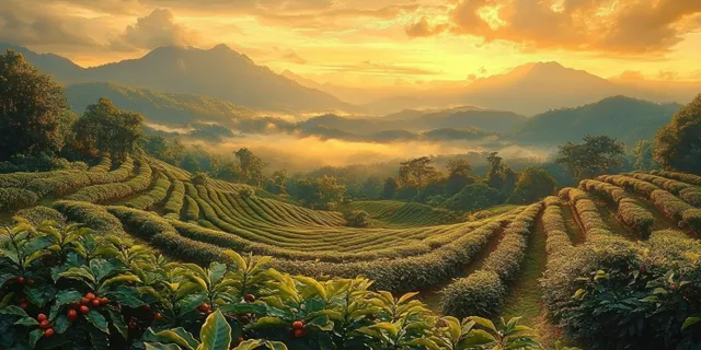 Golden sunrise over misty terraced fields and distant mountain valleys