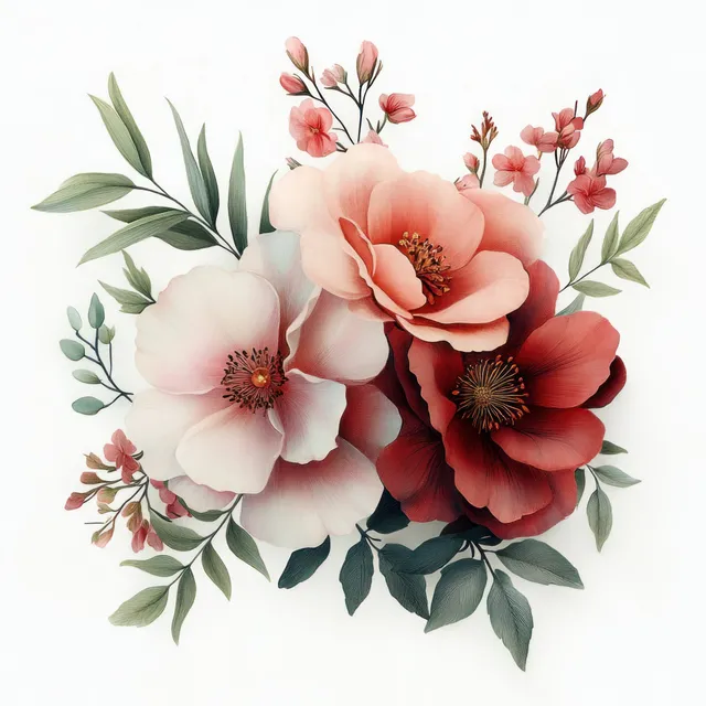 Pink and red floral bouquet illustration with delicate leaves on a light background