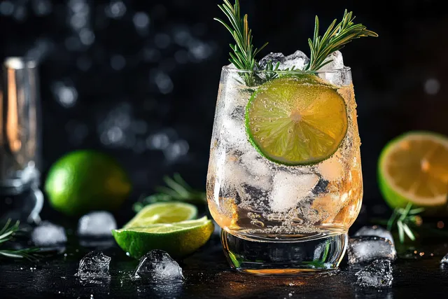 Clear lime cocktail with ice cubes, lime wheel, rosemary sprig, and scattered lime halves on a dark stone table.