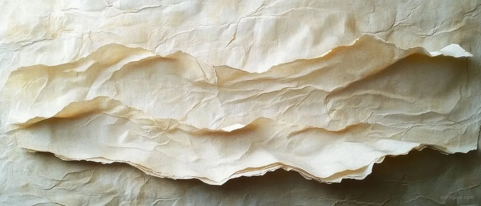 Close-up of layered crumpled beige paper sheets with torn edges and wrinkled folds under soft shadow.