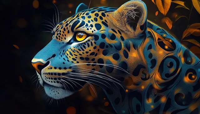 Leopard face close-up with glowing yellow eyes, blue-orange patterns, alert side profile in darkness