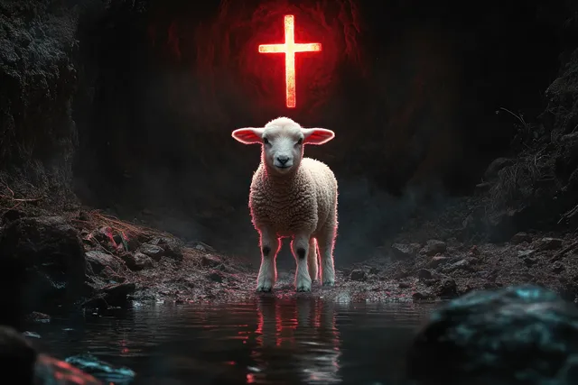 A lamb stands in a dark cave near a reflective pool beneath a glowing cross of light.