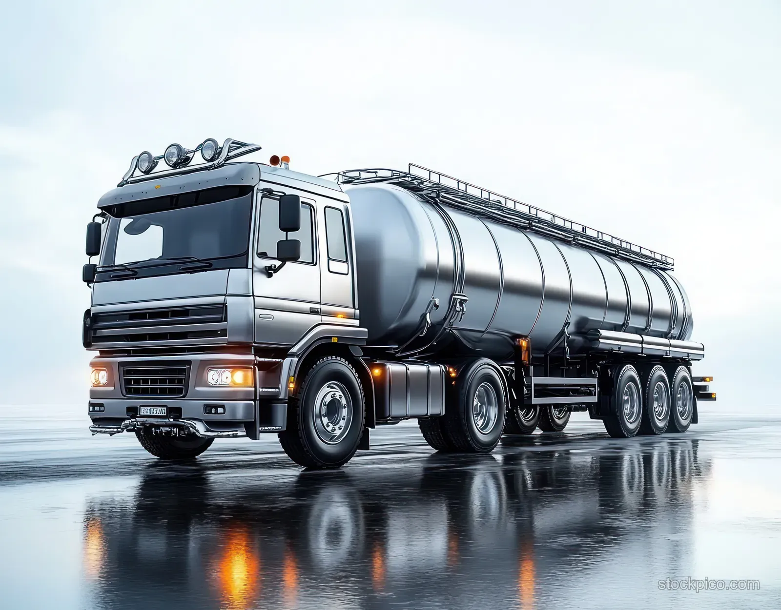 A metallic tanker truck parked on a wet road with headlights on and clear reflections under an overcast sky.