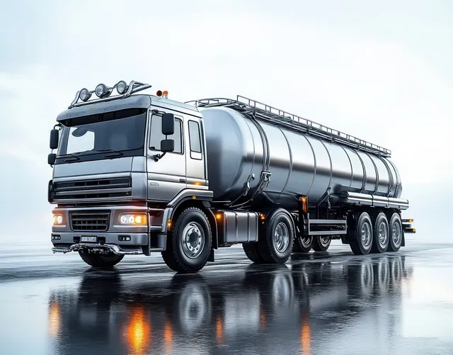 A metallic tanker truck parked on a wet road with headlights on and clear reflections under an overcast sky.