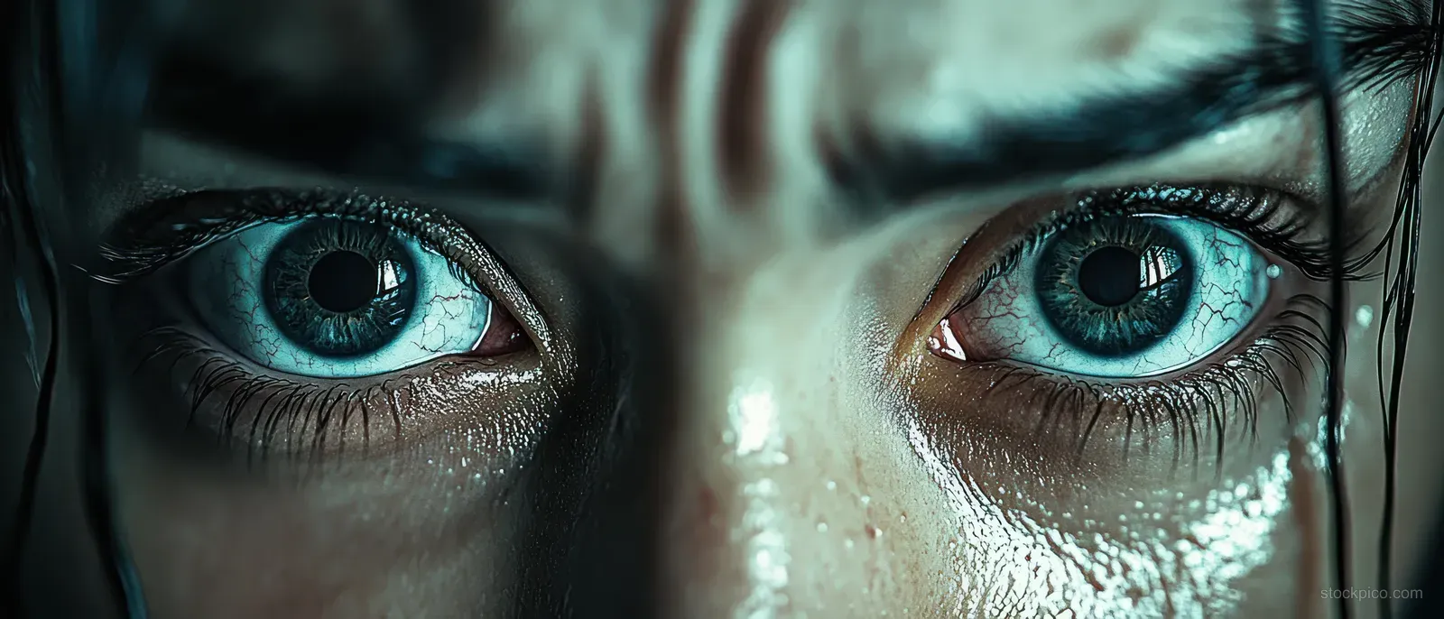 Close-up of wet blue eyes with moisture droplets on the face under dramatic dark lighting.