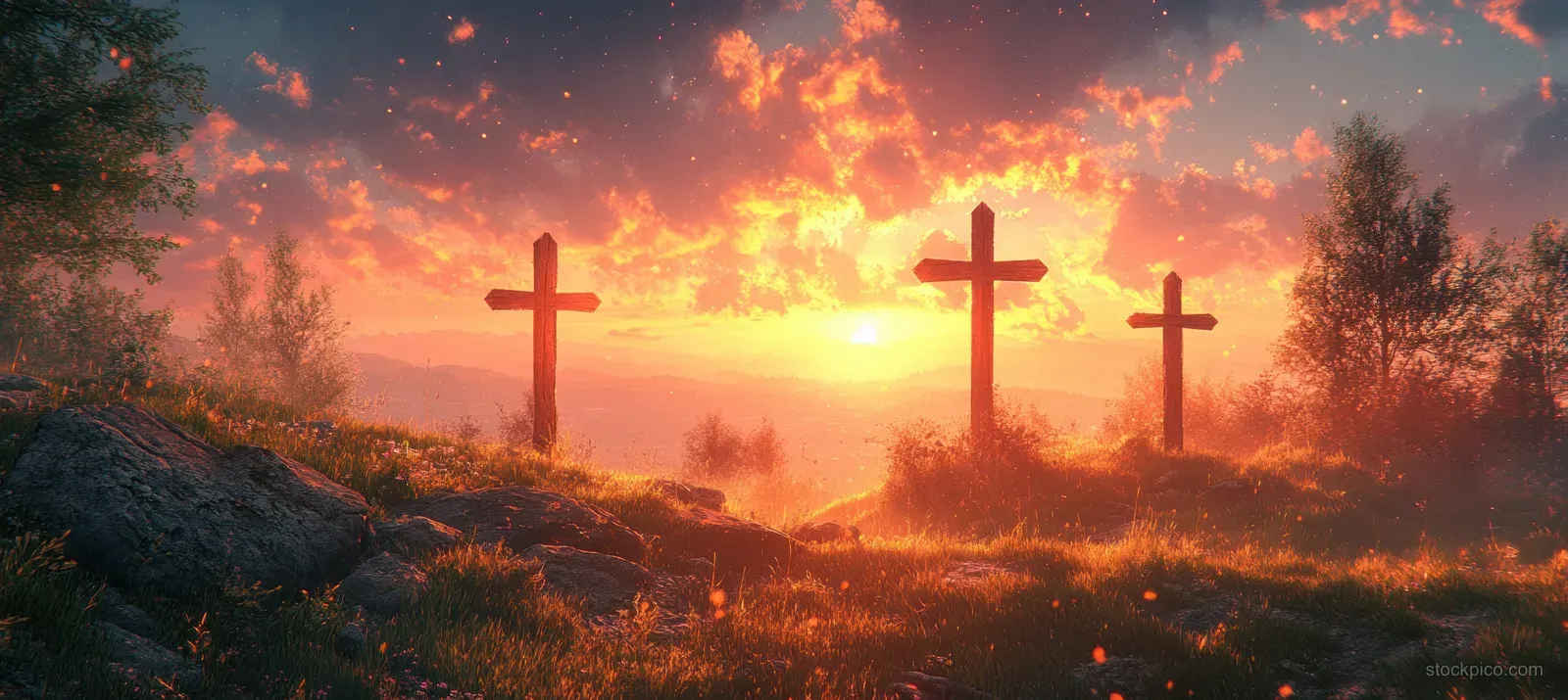 Three wooden crosses silhouetted against a warm sunrise sky over a misty hill landscape.