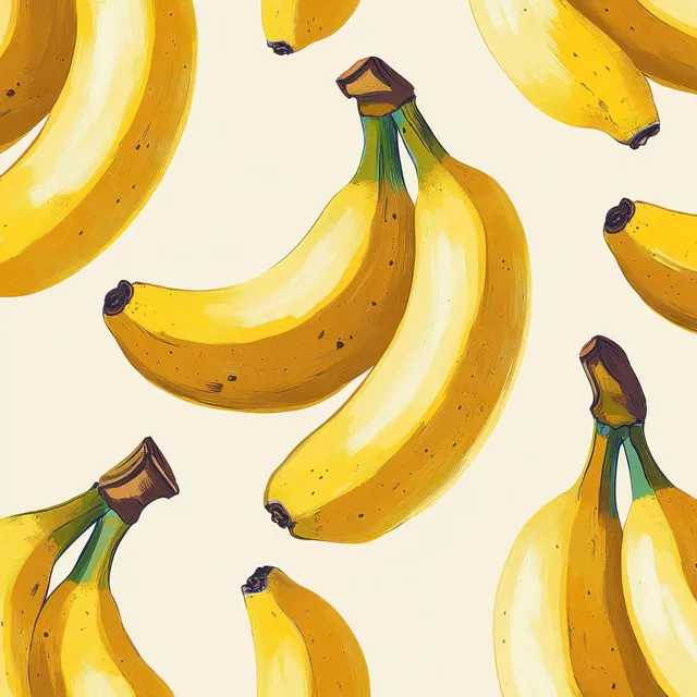 Seamless pattern of ripe yellow bananas with brown stems on a pale background