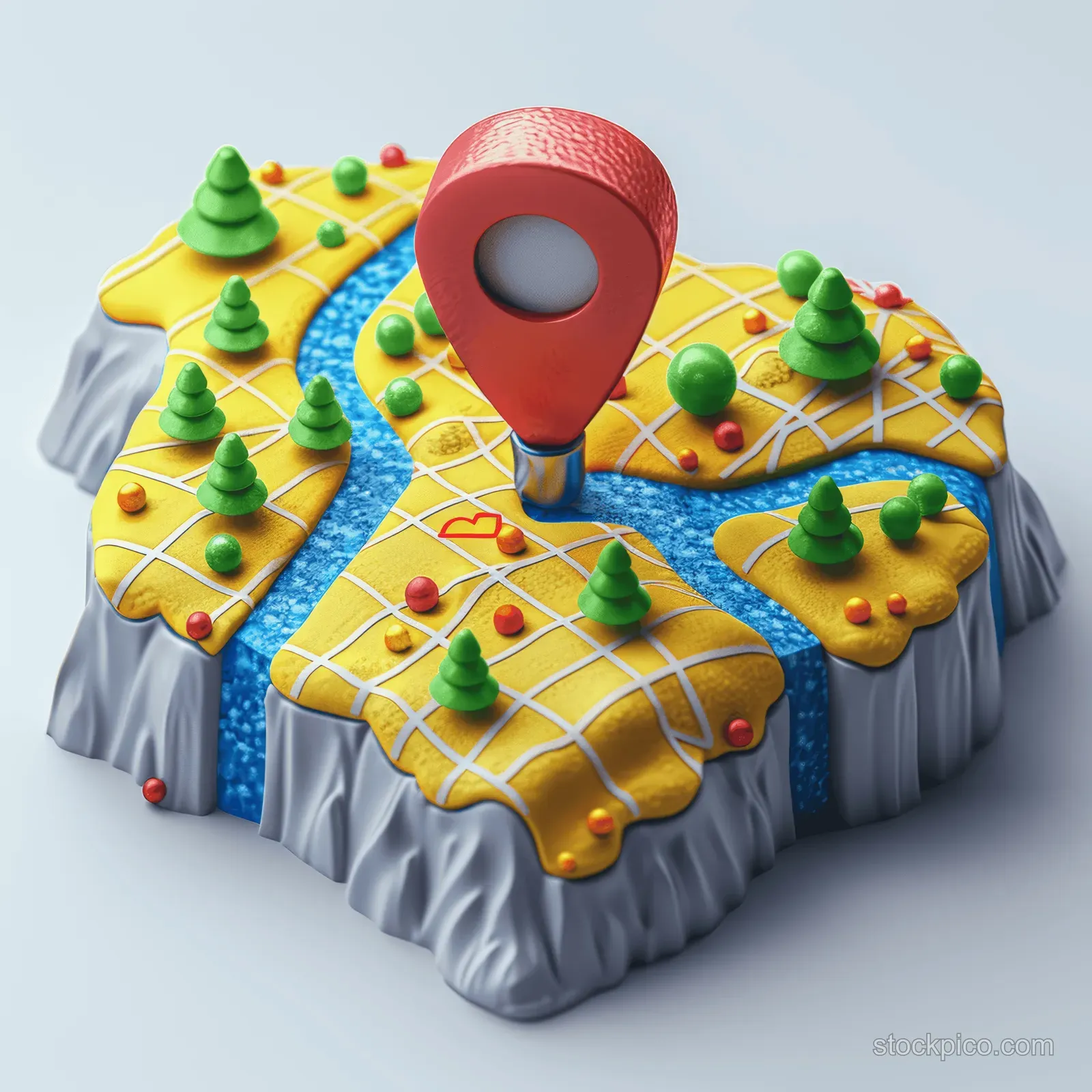 Red location pin and GPS-style route lines float over a 3D pizza map with green tree toppings.