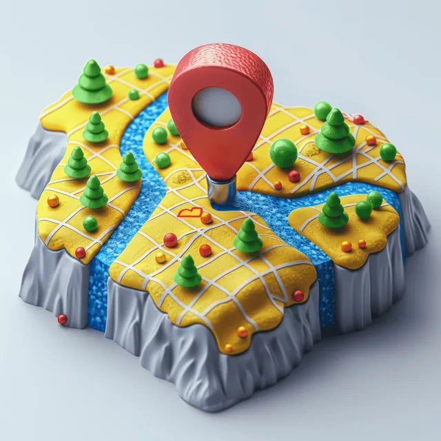 Red location pin hovering over slice-like pizza map with GPS route lines and tiny trees