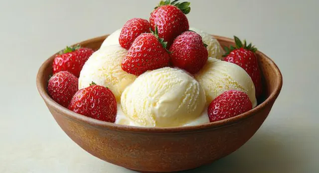 Rustic bowl filled with vanilla ice cream scoops topped with fresh red strawberries on a light background.