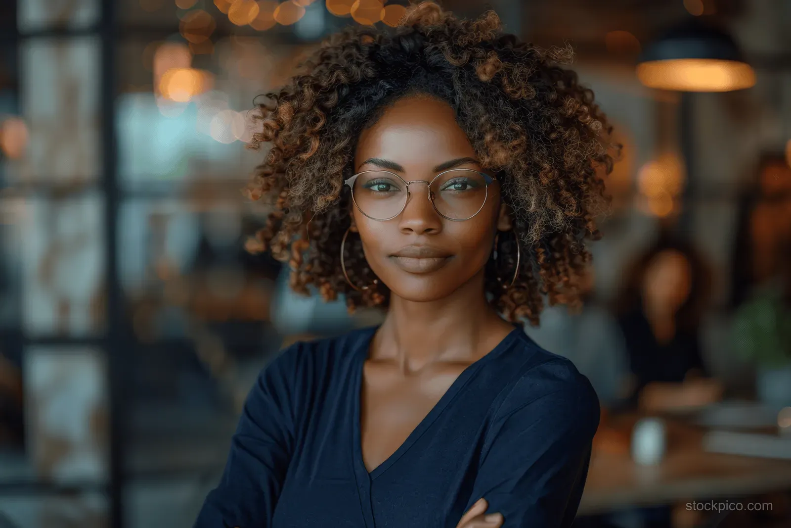 Smiling businesswoman with glasses and navy clothing poses with crossed arms in a softly lit office.