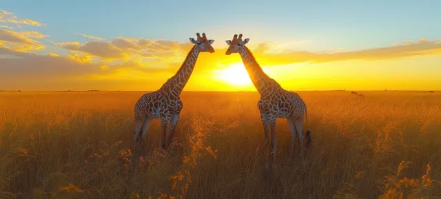 Two giraffes on an African savanna at sunset with long necks silhouetted against the golden setting sun.