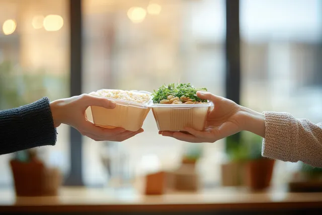 Two hands exchange a takeaway bento lunch box at a cafe counter with warm blurred background light.