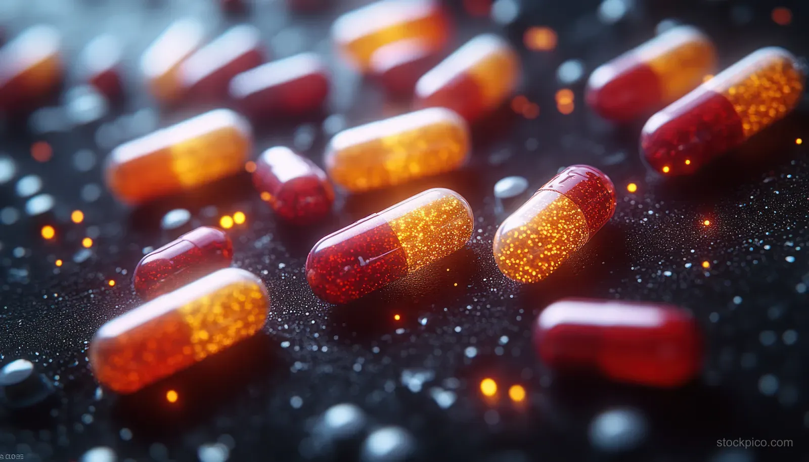 Red and amber glowing antiviral capsules scattered on a dark medical background with light particles.