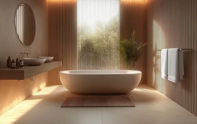 Freestanding oval bathtub in a minimalist bathroom with wooden slat walls, soft sunlight, and neatly folded white towels.