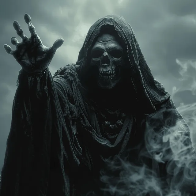 Grim reaper in black cloak reaching forward over misty graveyard at moonless night