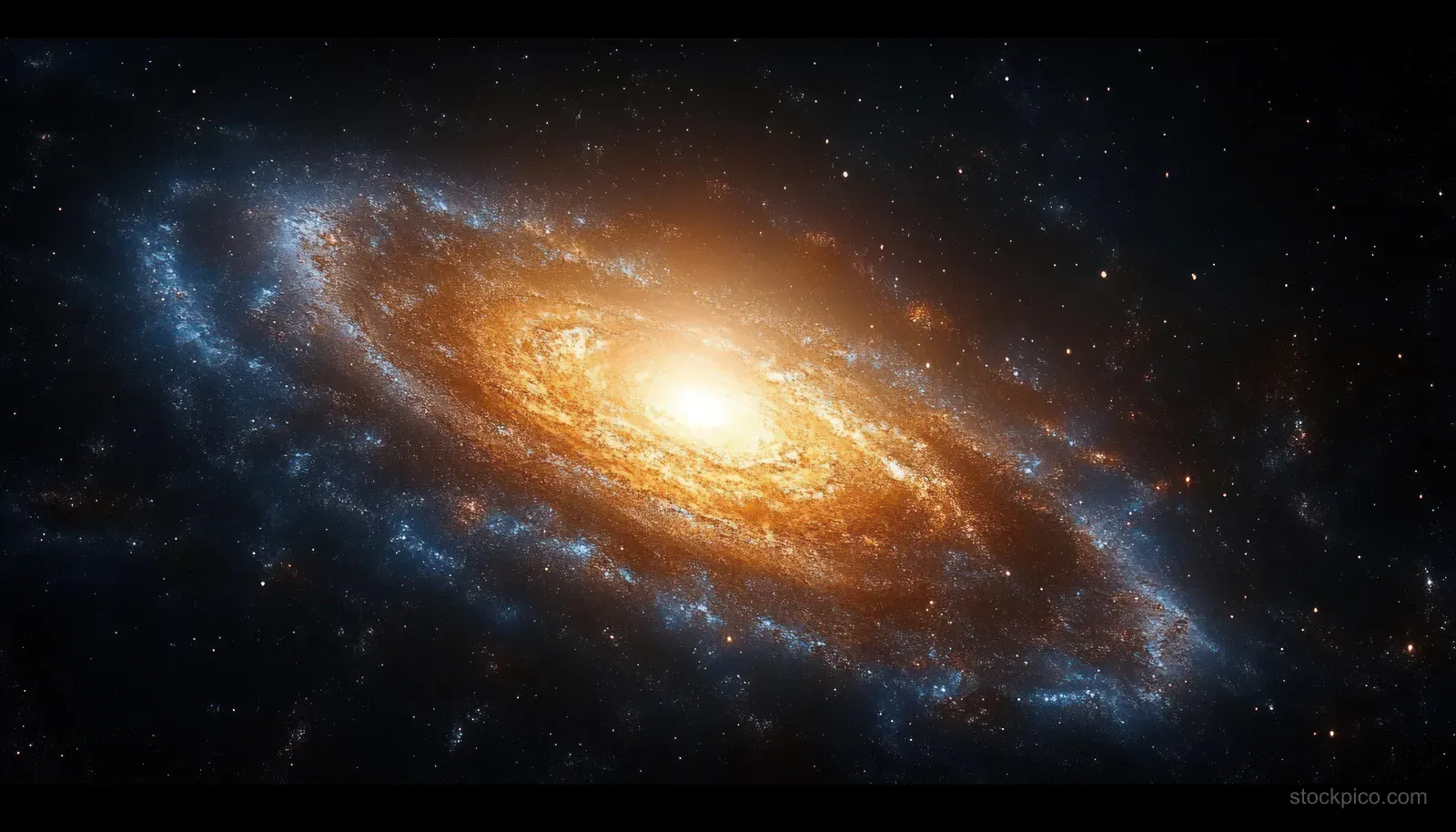 A spiral galaxy with a golden bright core, surrounded by stars and blue nebula dust in deep space.