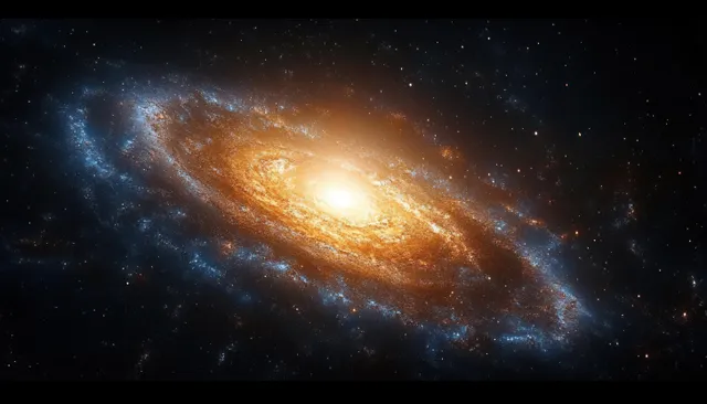 A spiral galaxy with a golden bright core, surrounded by stars and blue nebula dust in deep space.
