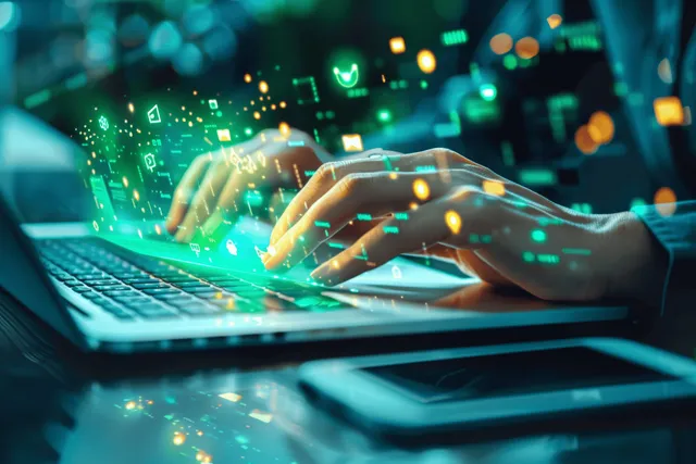 Glowing hands typing in dark office while digital document icons float on monitor