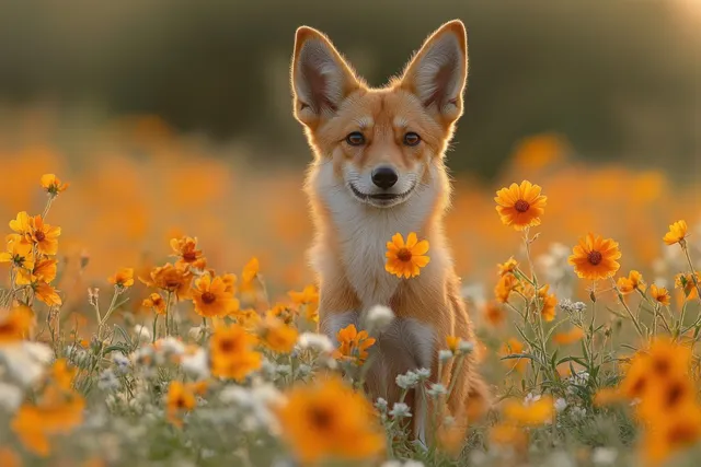 Playful corgi running through golden wildflower field at sunset, soft bokeh glow