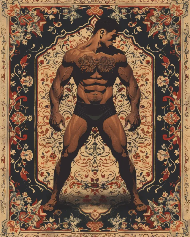 Iranian Greco-Roman wrestler in a classic stance against an ornate patterned background.