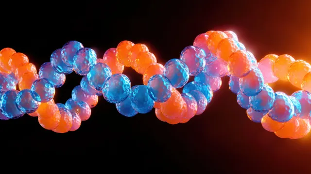 A close-up double helix made of translucent blue and orange spheres twists on a dark background.