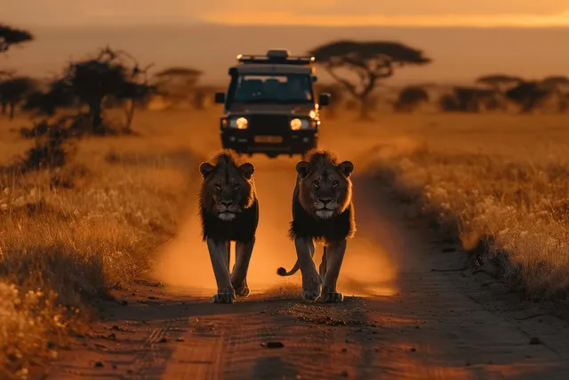 Two African lions walk along a dusty savanna road toward a safari jeep at sunset.