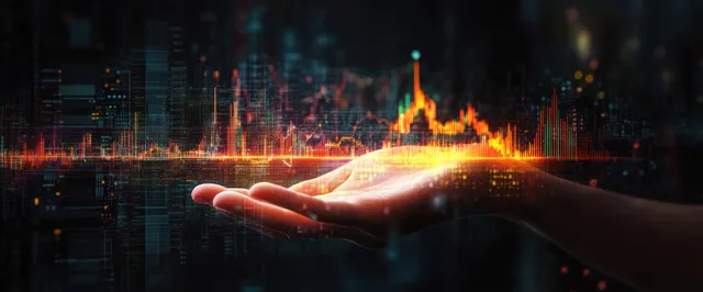 A human hand holds a glowing stock market line graph above a futuristic city of blurred financial data.