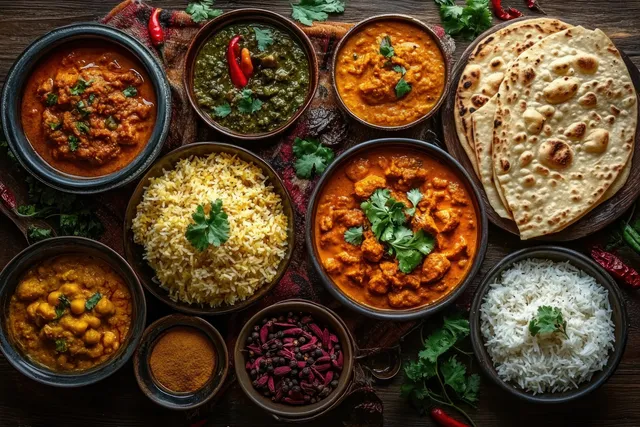 Top-down Indian meal spread with colorful curries, rice bowls, flatbreads, and spices on a wooden table.