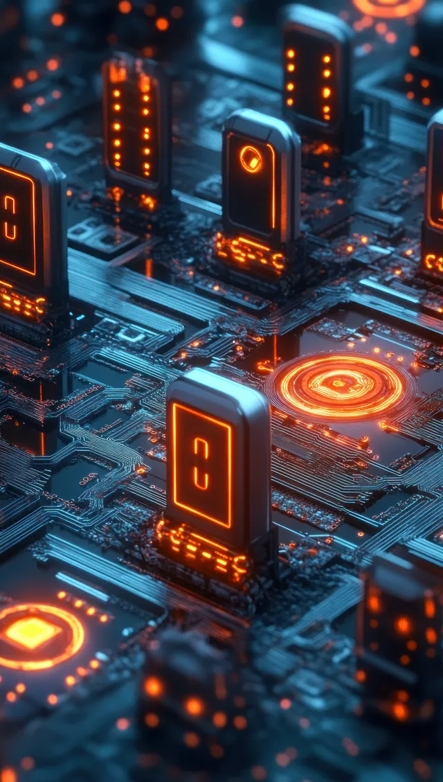 Close-up of a glowing circuit board with illuminated microchips and orange-blue light pathways.
