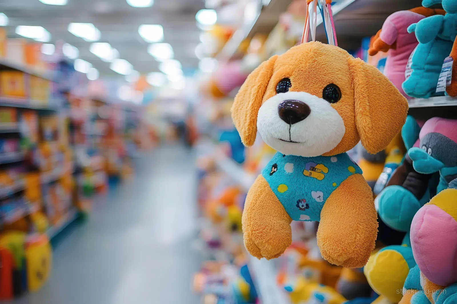 A plush dog toy with a blue bandana hangs in a colorful toy store aisle lined with stuffed animals.