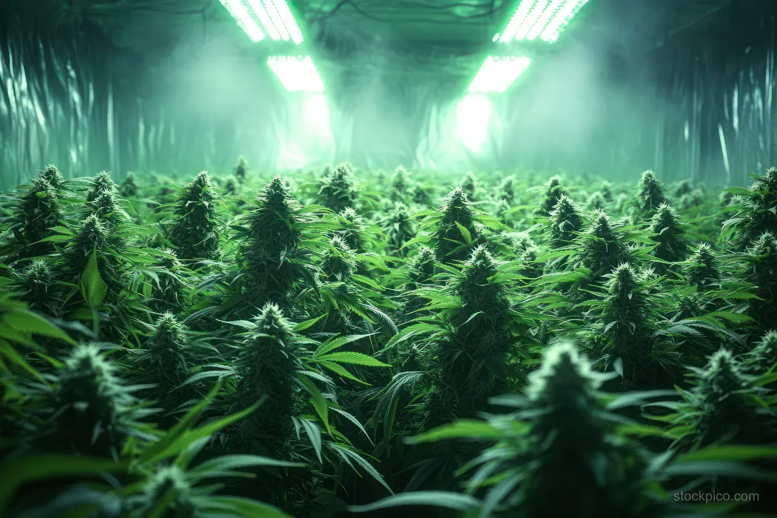 Green cannabis plants fill an indoor grow room beneath bright LED lights in a misty atmosphere.