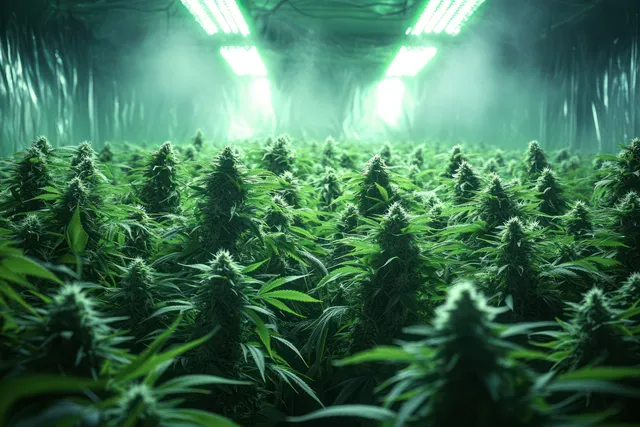 Indoor cannabis plants under LED grow lights with misty greenhouse atmosphere and dense foliage
