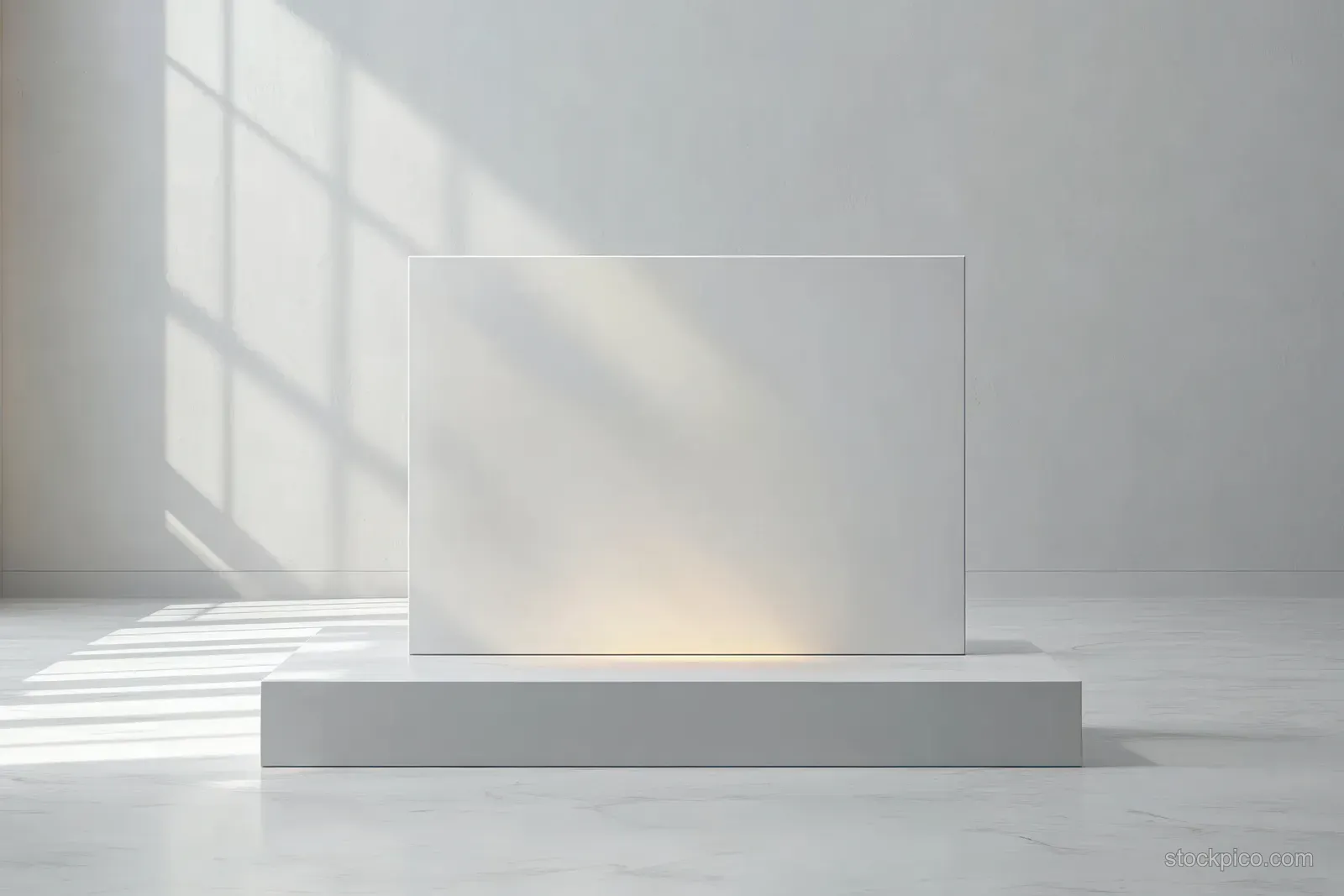 A white pedestal supports a blank backlit canvas in a sunlit room with grid-pattern shadows.
